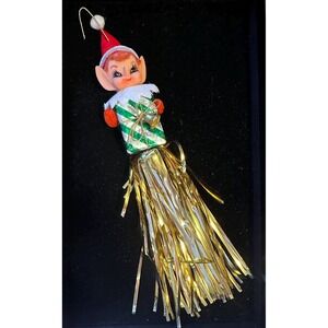 Vintage Hanging Elf w/ Foil Tinsel Christmas Ornament 10" Japan